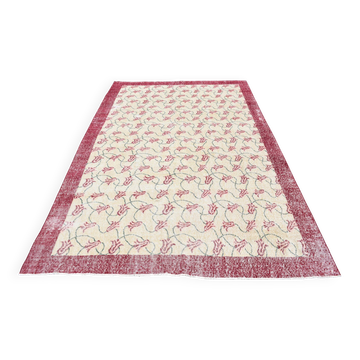 Tapis turc floral bordé de beige et bordeaux, tapis en laine neutre, 194x290 cm