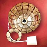 Vintage suspension in mother-of-pearl and brass with fruit decoration – retro light fitting from the 70s.