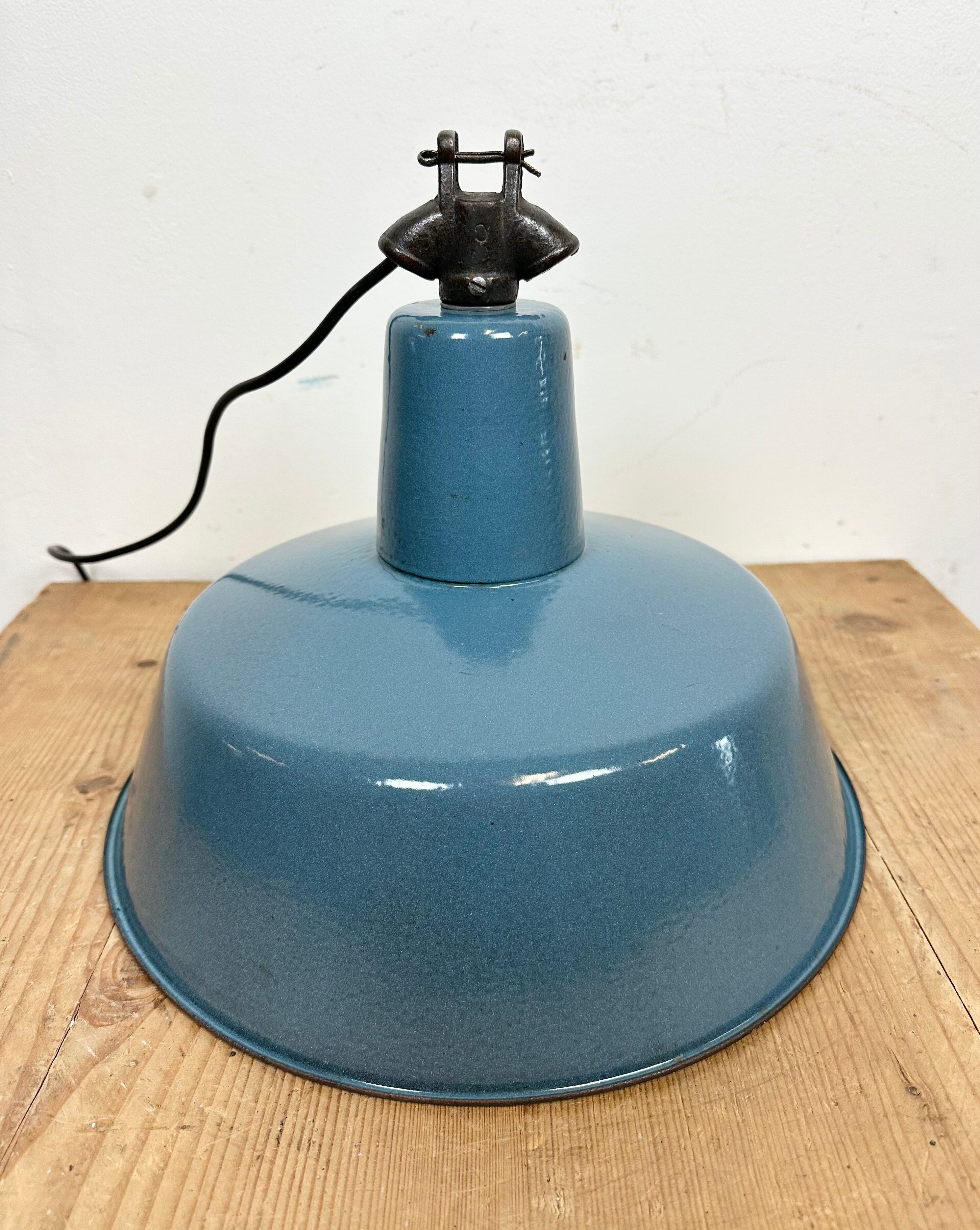 Industrial Blue Enamel Factory Lamp with Cast Iron Top, 1960s