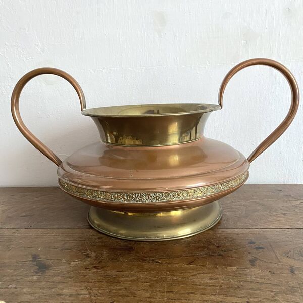 Grande amphore ou  jardinière vintage en cuivre et laiton