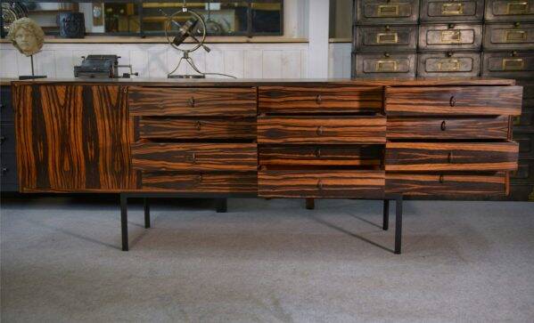 Designer sideboard in Gabonese ebony, 1 door, 12 drawers, 1960s