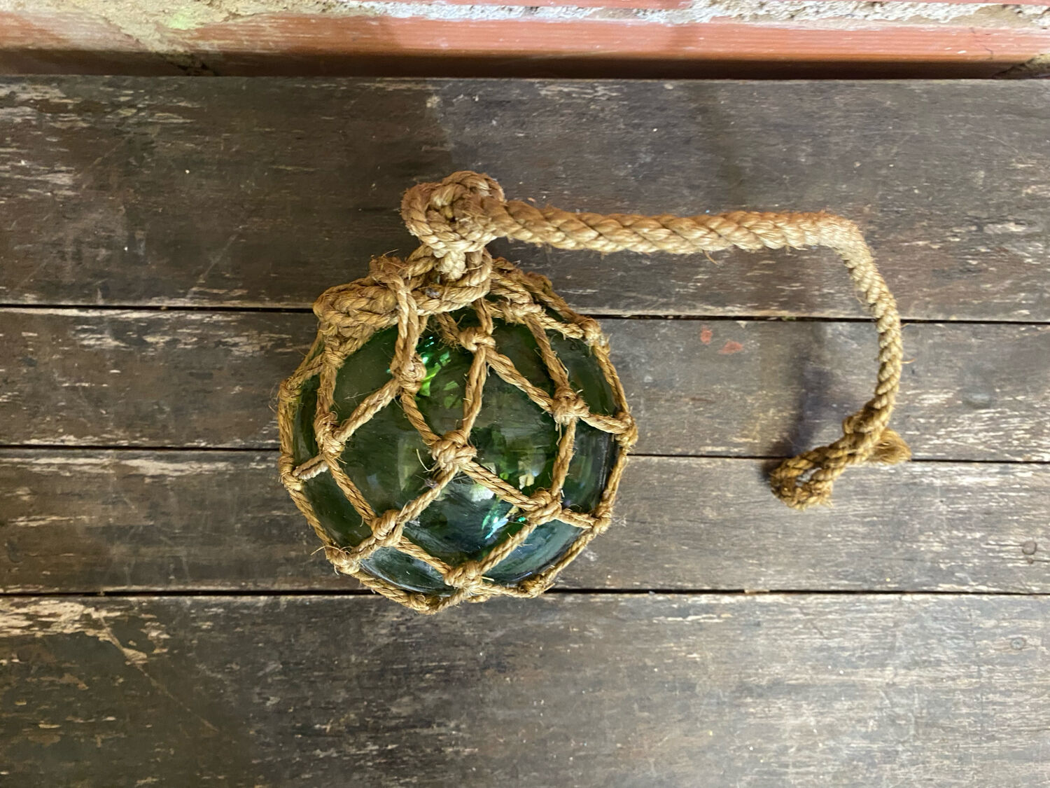 Old Fishing Floater Marine Glass + Vintage Net Rope #D6