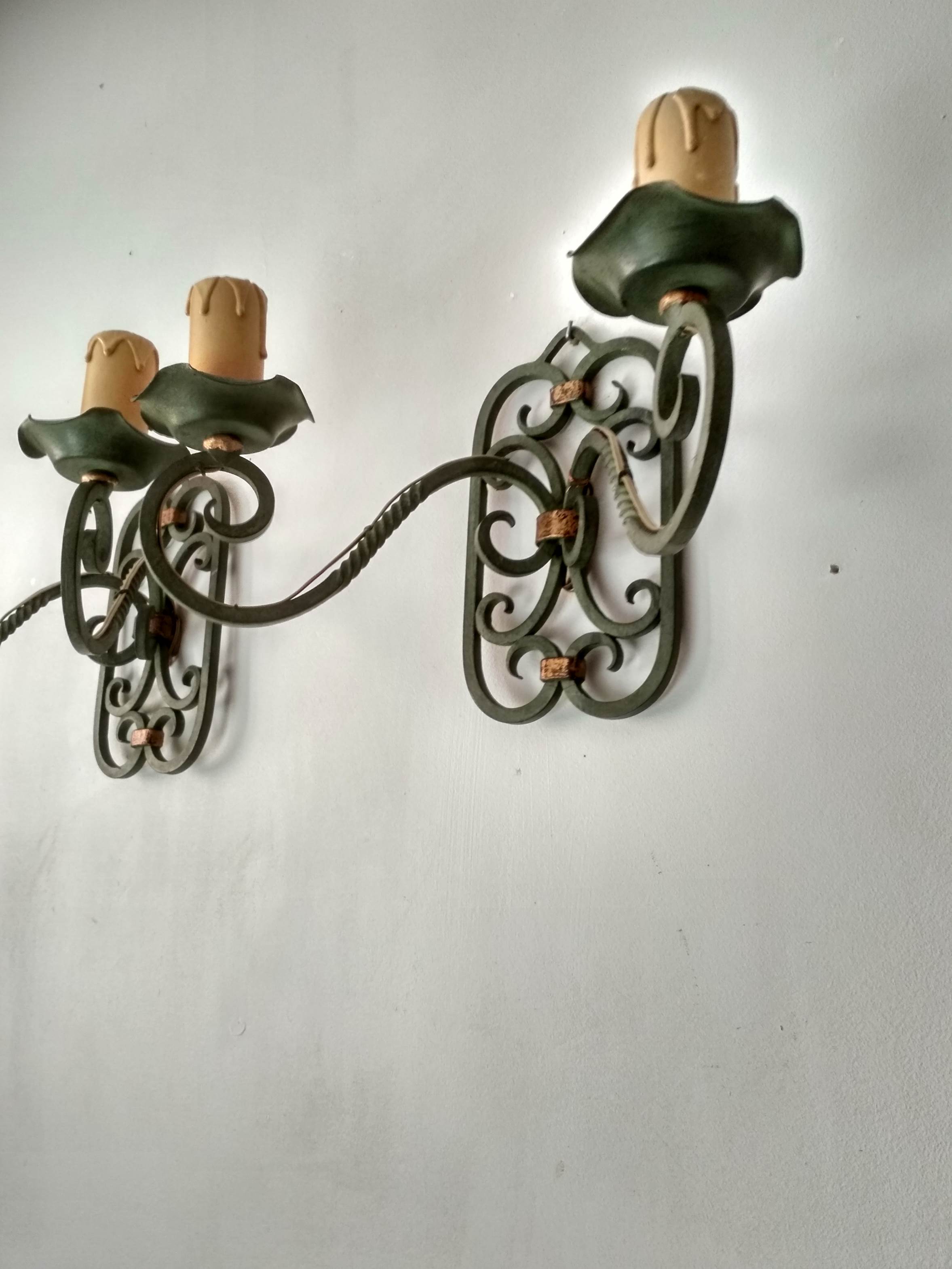 Pair of old wrought iron sconces patina green and gold - 2 lights