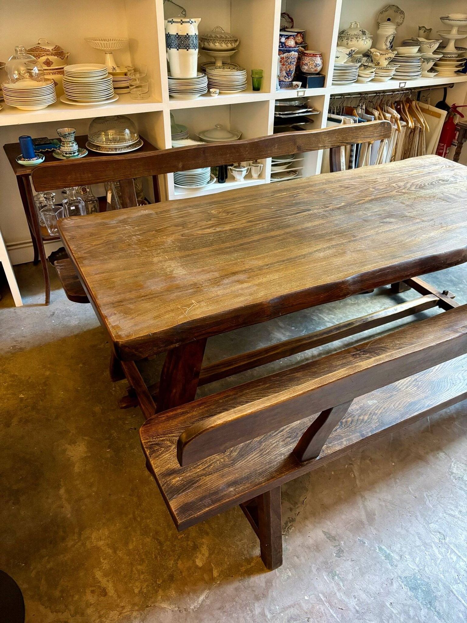 Aranjou dark wood dining table and 2 benches from the 70s/80s ☐ 200 x 89 cm