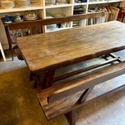 Aranjou dark wood dining table and 2 benches from the 70s/80s ☐ 200 x 89 cm