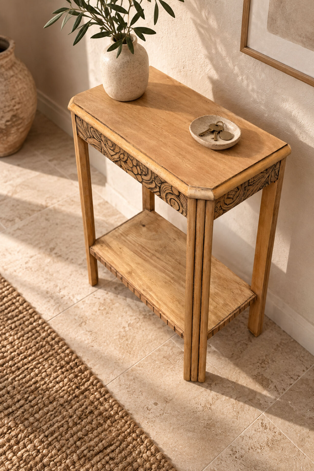 Art Deco console in raw wood with floral decoration, renovated 1930.