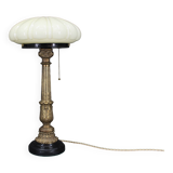 1940s restored brass table lamp with wooden base and glass shade