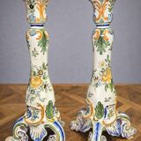 Pair of large polychrome ceramic candlesticks – Floral decoration – H 34 cm