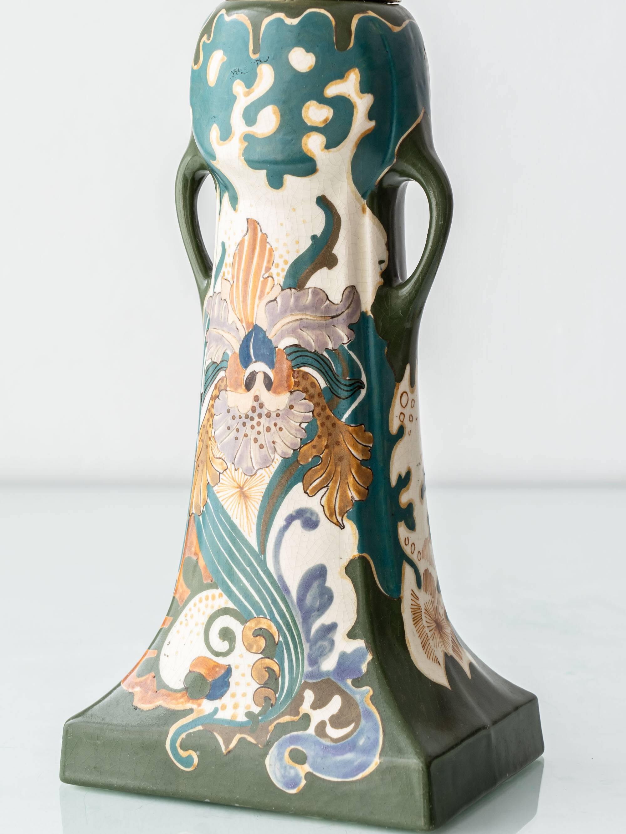 Pair of Dutch Art Nouveau Ceramic Table Lamps, circa 1915, with New Ochre Linen Shades