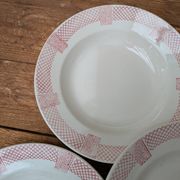 6 assiettes creuses Longwy modèle Toulouse bordure rose terre de fer