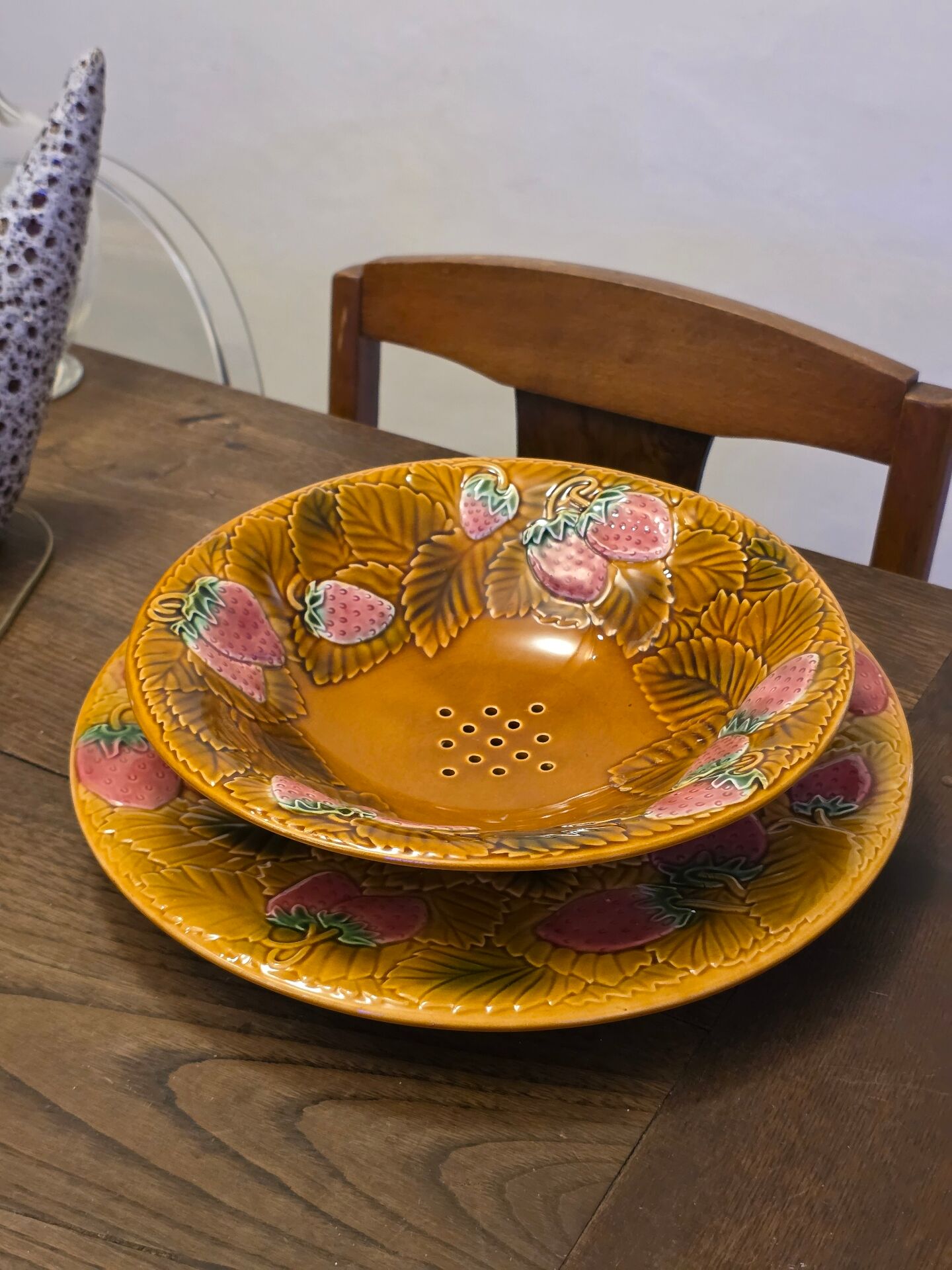 Fruit strainer in Barbotine and serving dish from Salin les Bains.