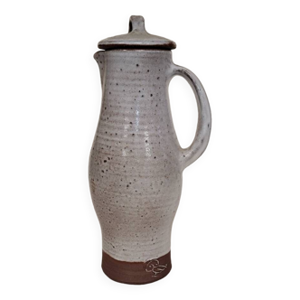 Covered stoneware pitcher signed Pierlot