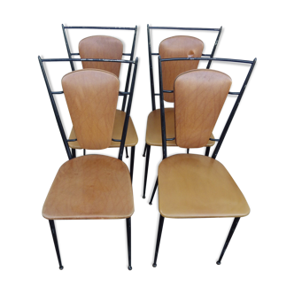 Lot de 4 chaises vintage en skaï marron