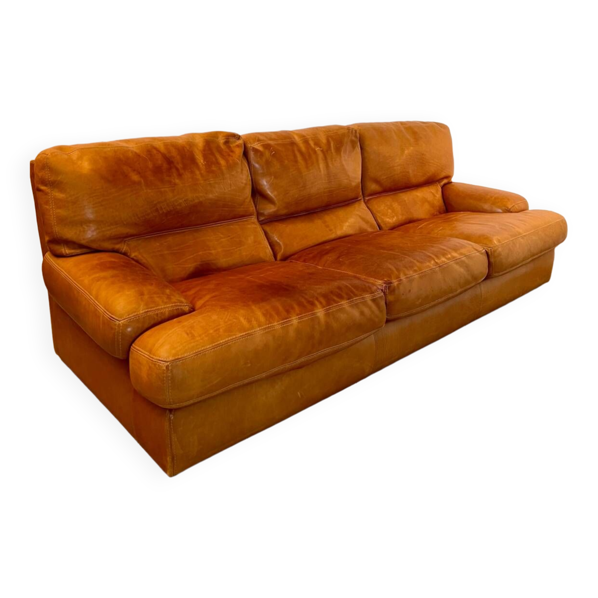 Vintage 3-seater sofa in Camel brown leather design roche bobois France from the 70s