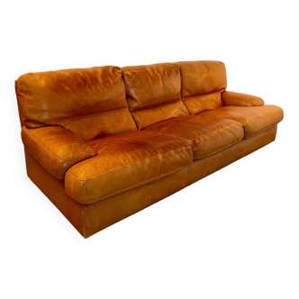 Vintage 3-seater sofa in Camel brown leather design roche bobois France from the 70s