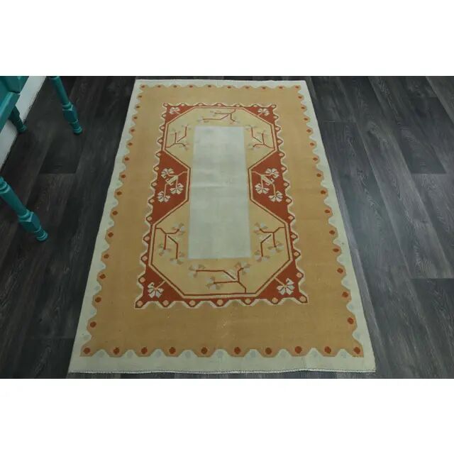1970s Vintage Turkish Oushak Handmade Wool Cotton Orange Area Rug  116x178