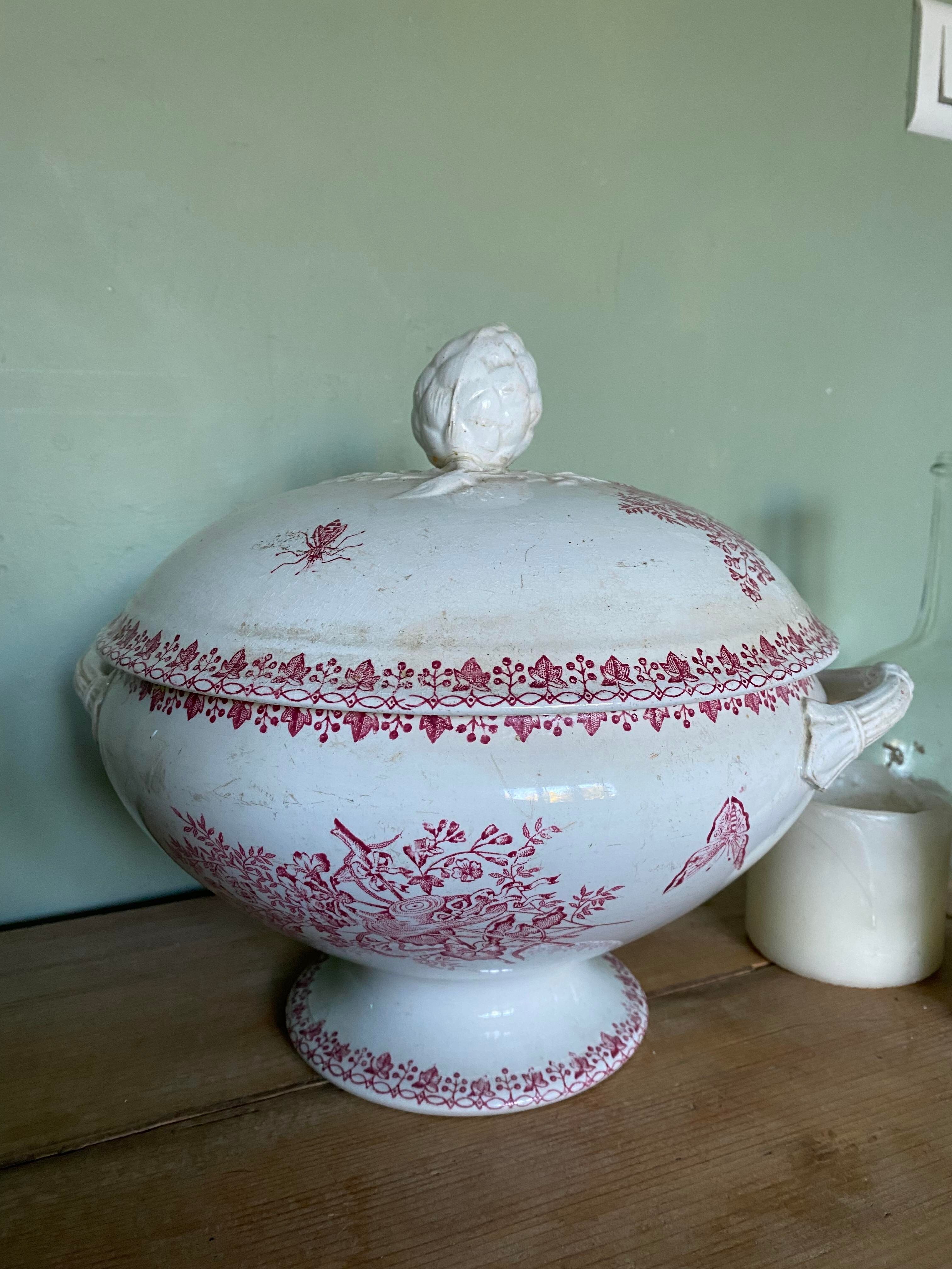 Pink ironstone soup tureen with rustic motif, floral butterflies and bees