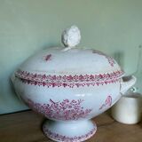 Pink ironstone soup tureen with rustic motif, floral butterflies and bees