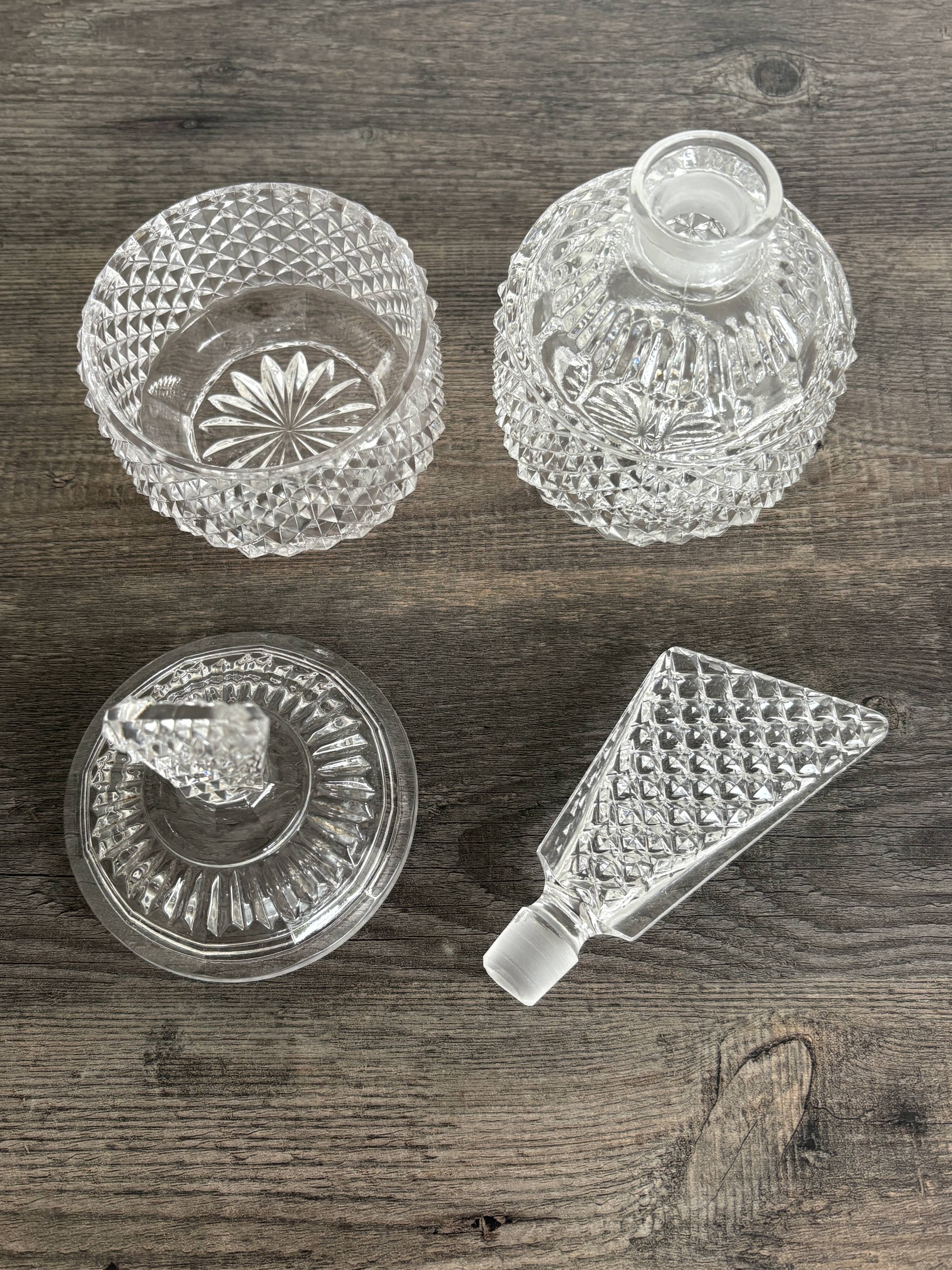 Pair of crystal-style cut glass bottles – retro/vintage dressing table