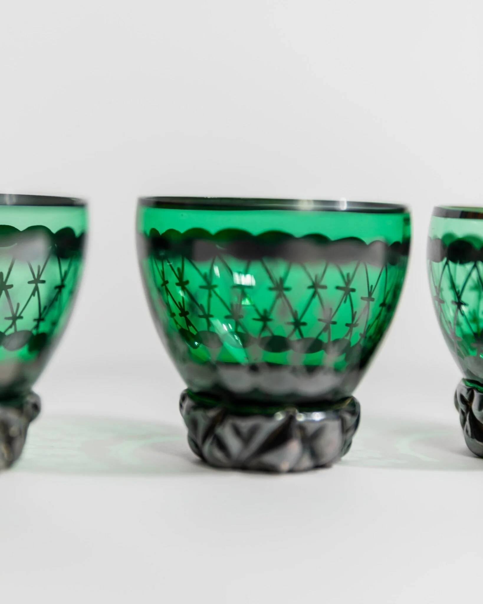 Vintage Murano Green Glass Liqueur Set with Hand-Painted Silver Decor – Decanter and Four Glasses, Italy, 1930s