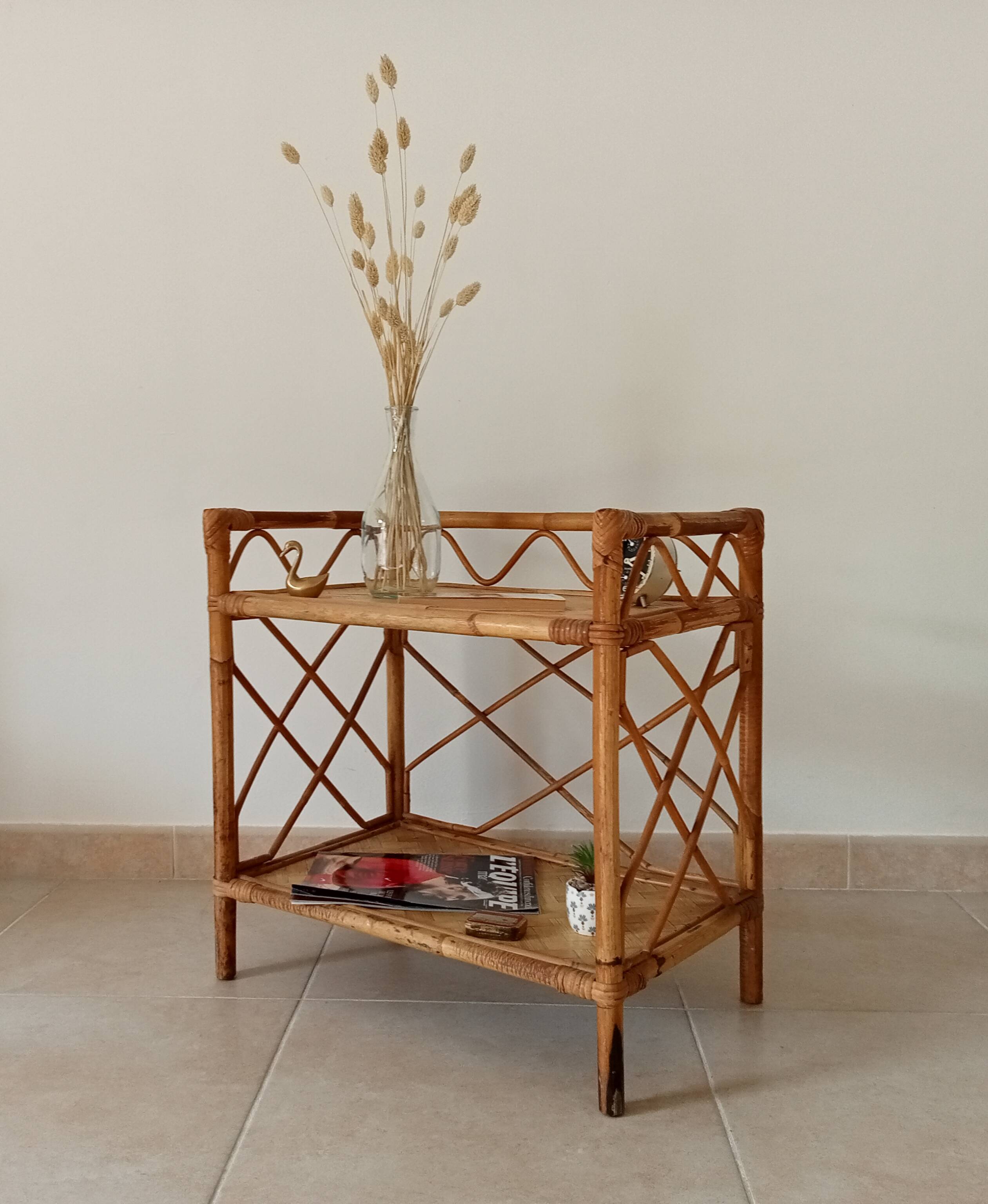 Bamboo and rattan shelf side table by Audoux and Minnet 1950s