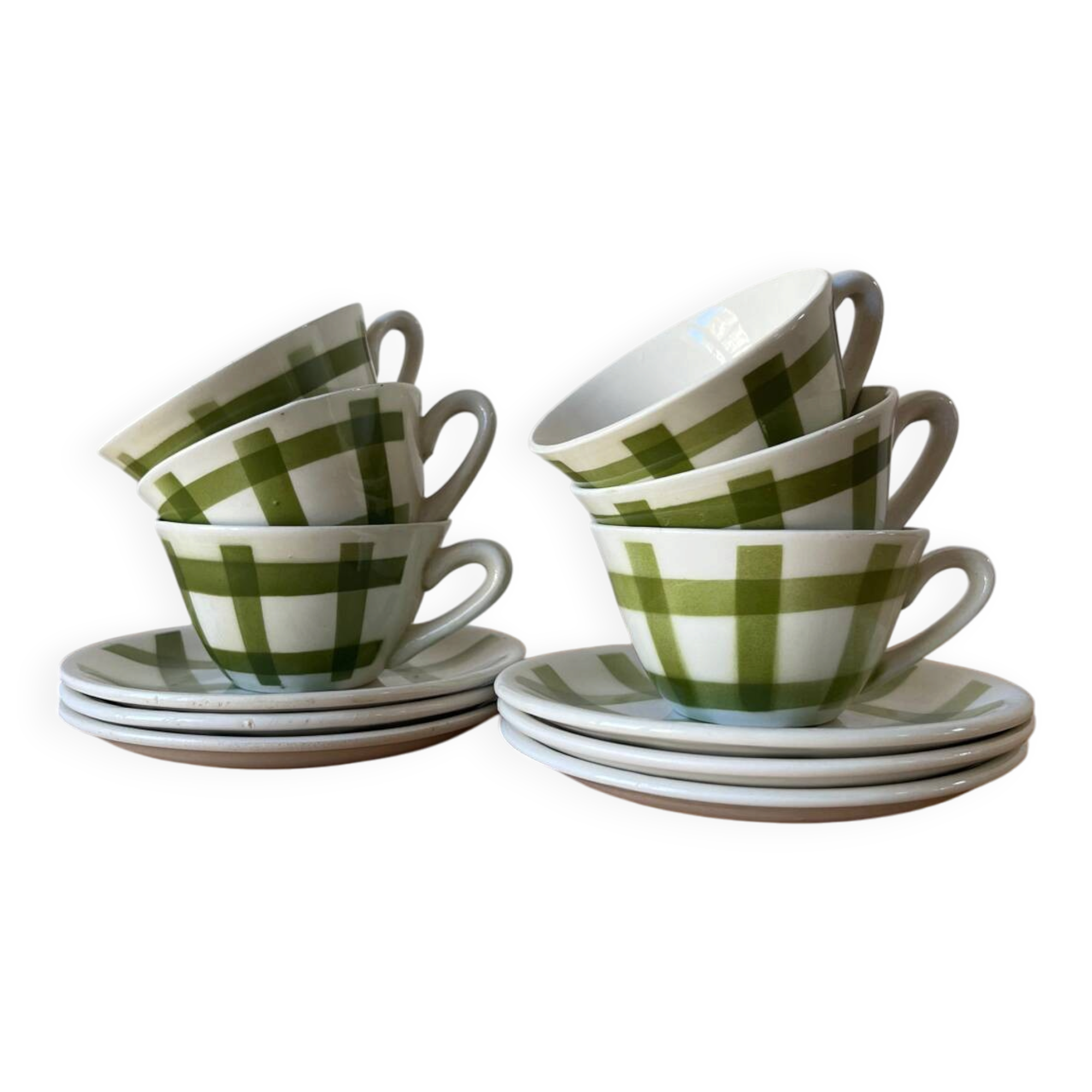 6 green and white checked coffee cups Moulin des Loups