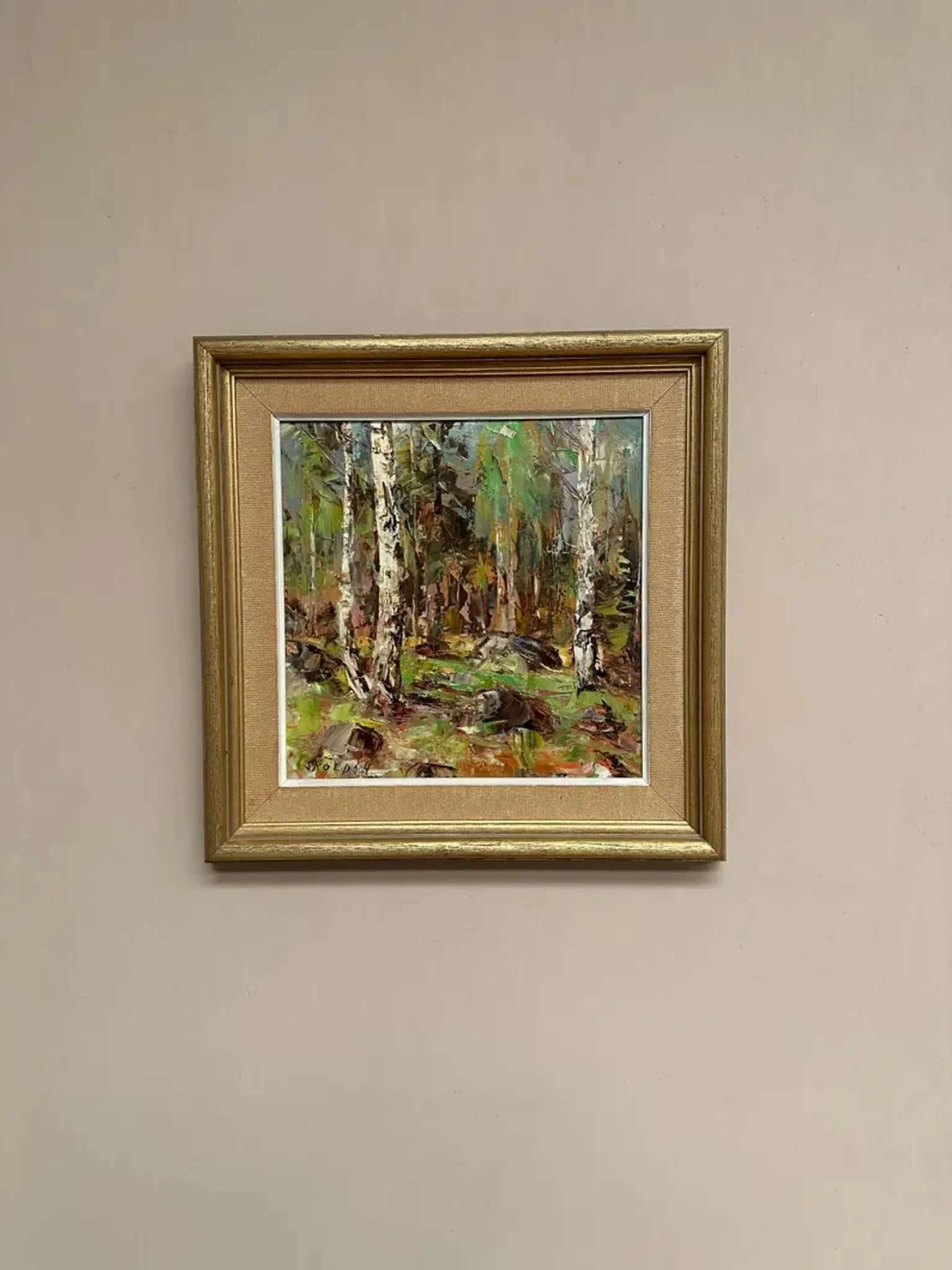 Original Swedish Oil on Canvas – “Birch Forest” by John Sköld – Signed – Dated 1954 – Framed – 40 × 40 cm