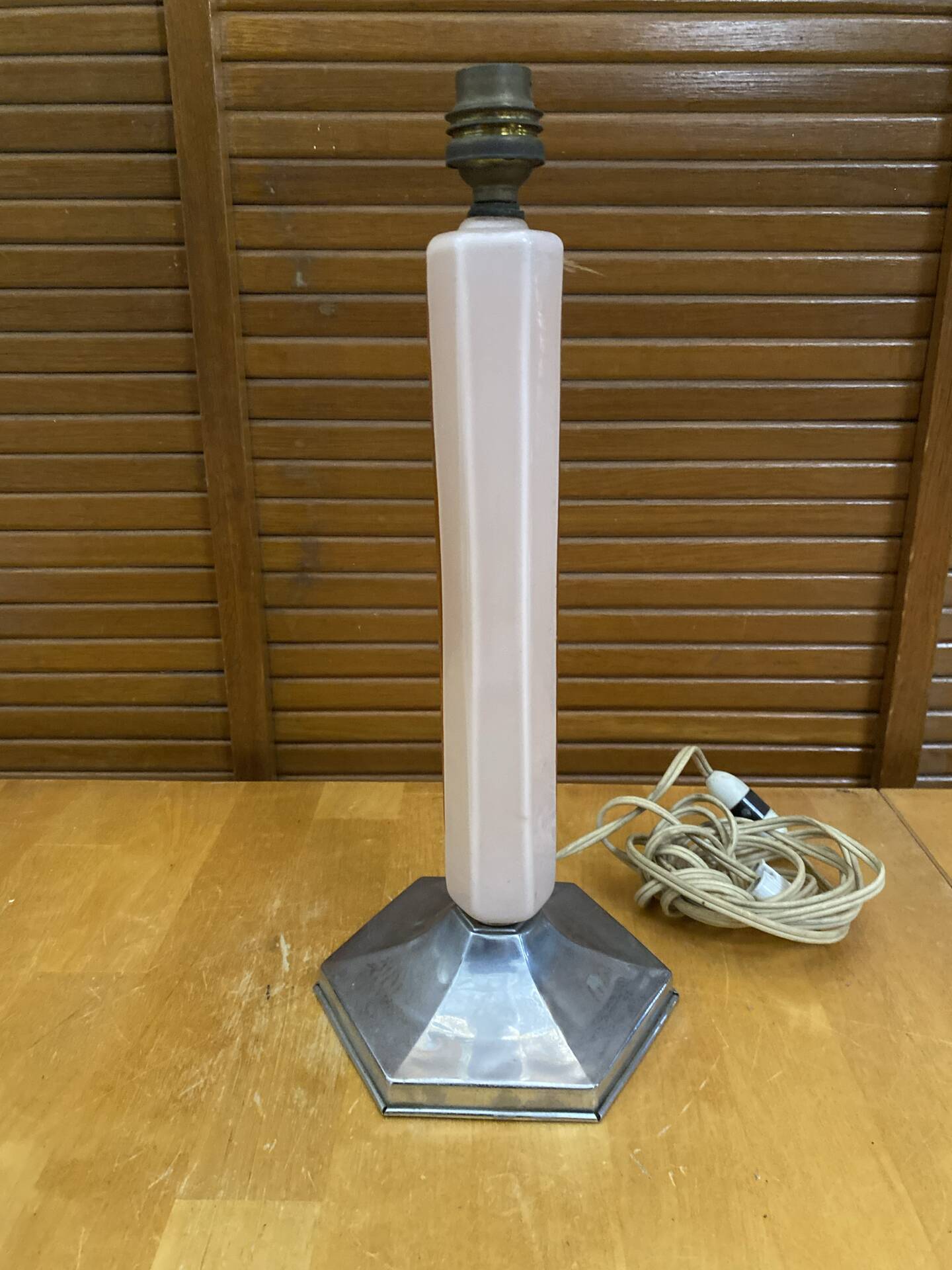 Old art deco hexagonal chrome metal lamp base + vintage pink glass