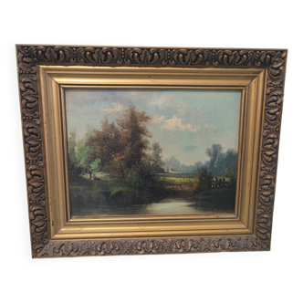Peinture à l'huile signée – Paysage bucolique avec rivière