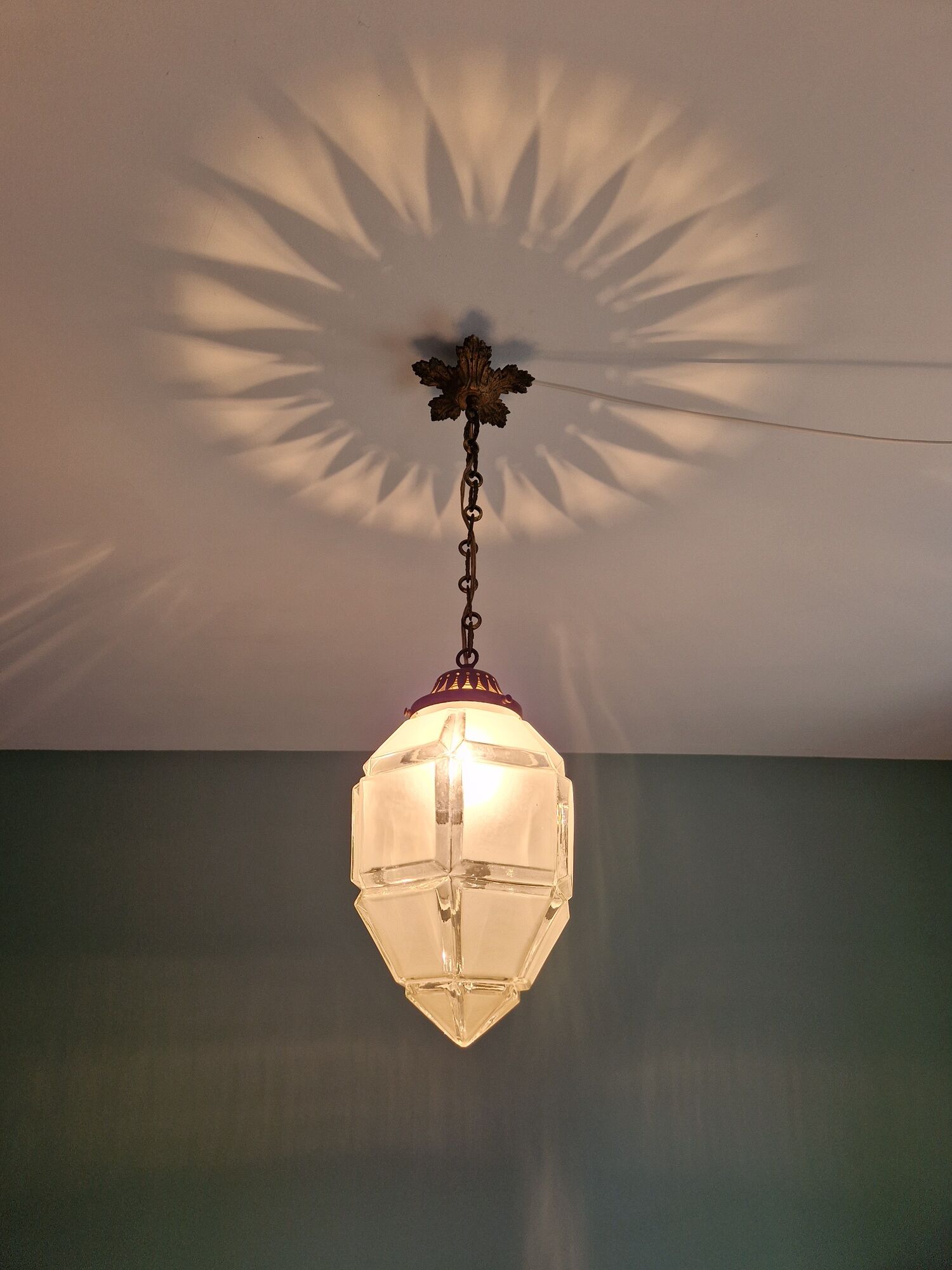 Art Deco pendant lamp in satin glass and bronze frame