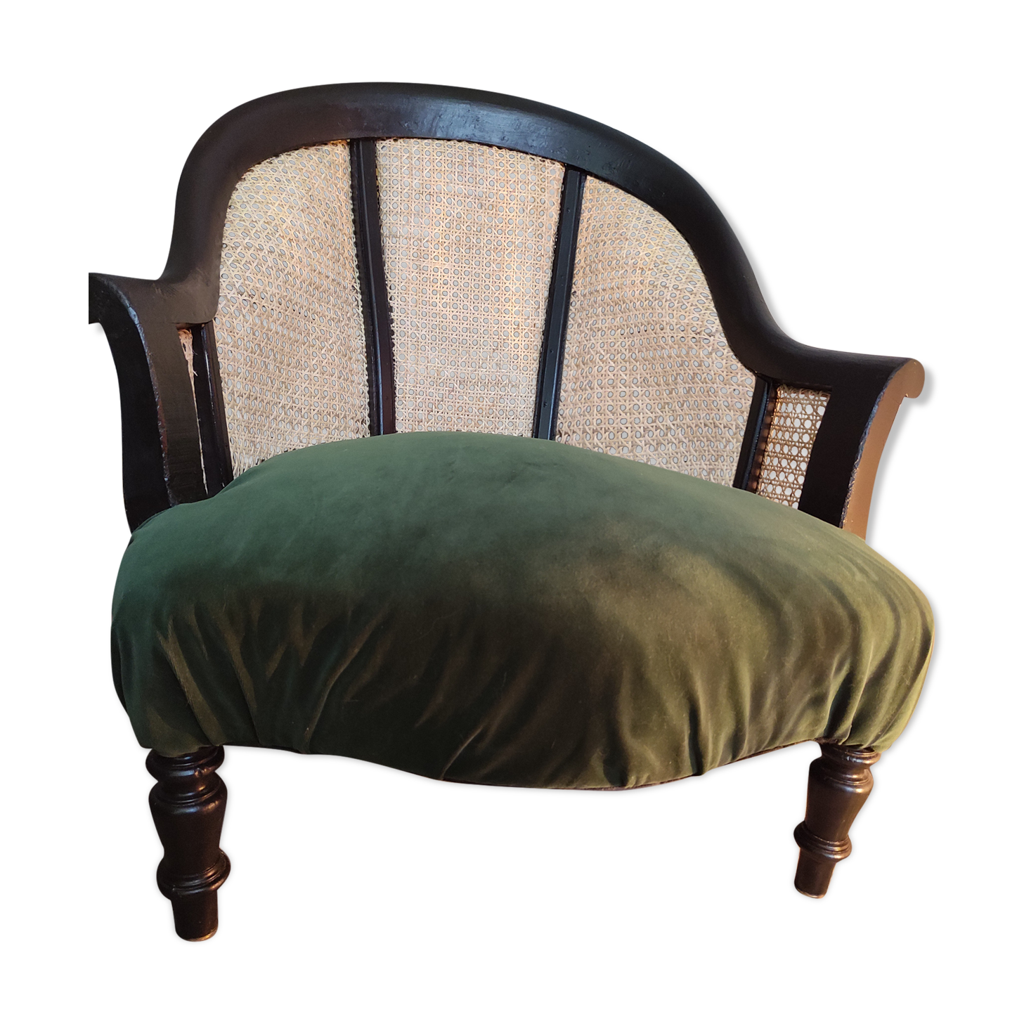 Fauteuil crapaud velours et cannage