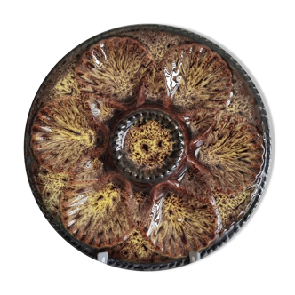 Marius Giuge Vallauris oyster plate in brown/yellow/green majolica ceramic diameter 24 cm