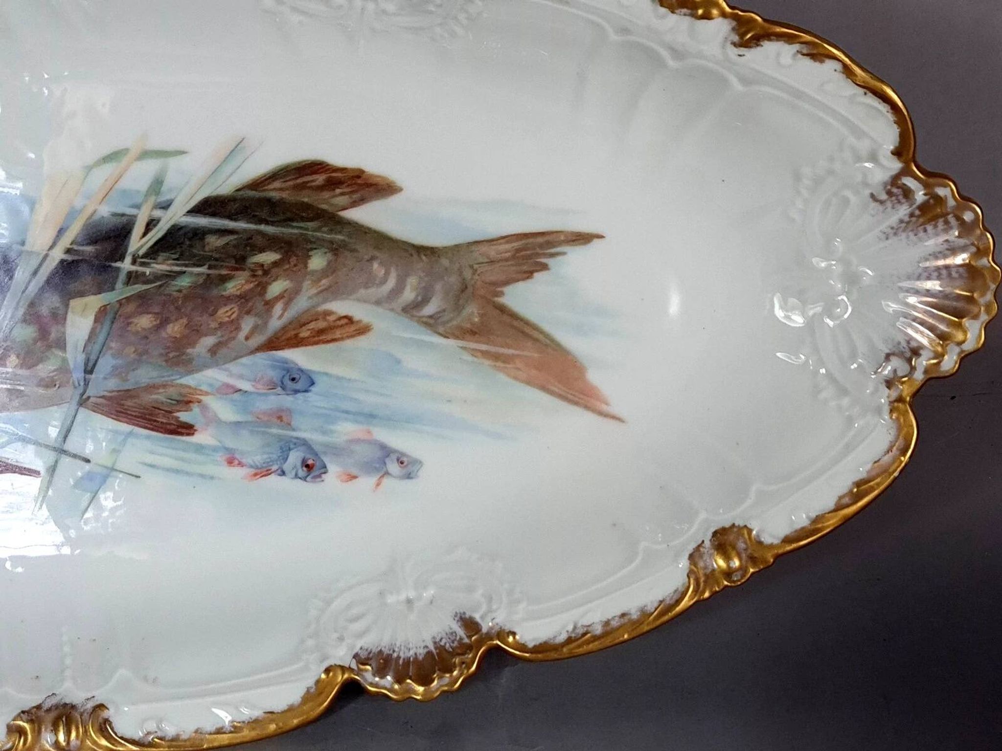 Antique fish service J. Pouyat porcelain Limoges plate 61 cm, 8 plates