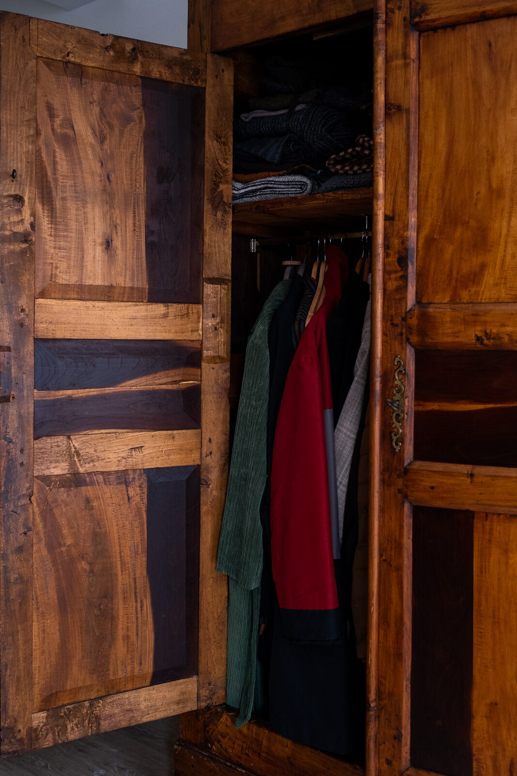Old wardrobe cabinet in elm and solid walnut