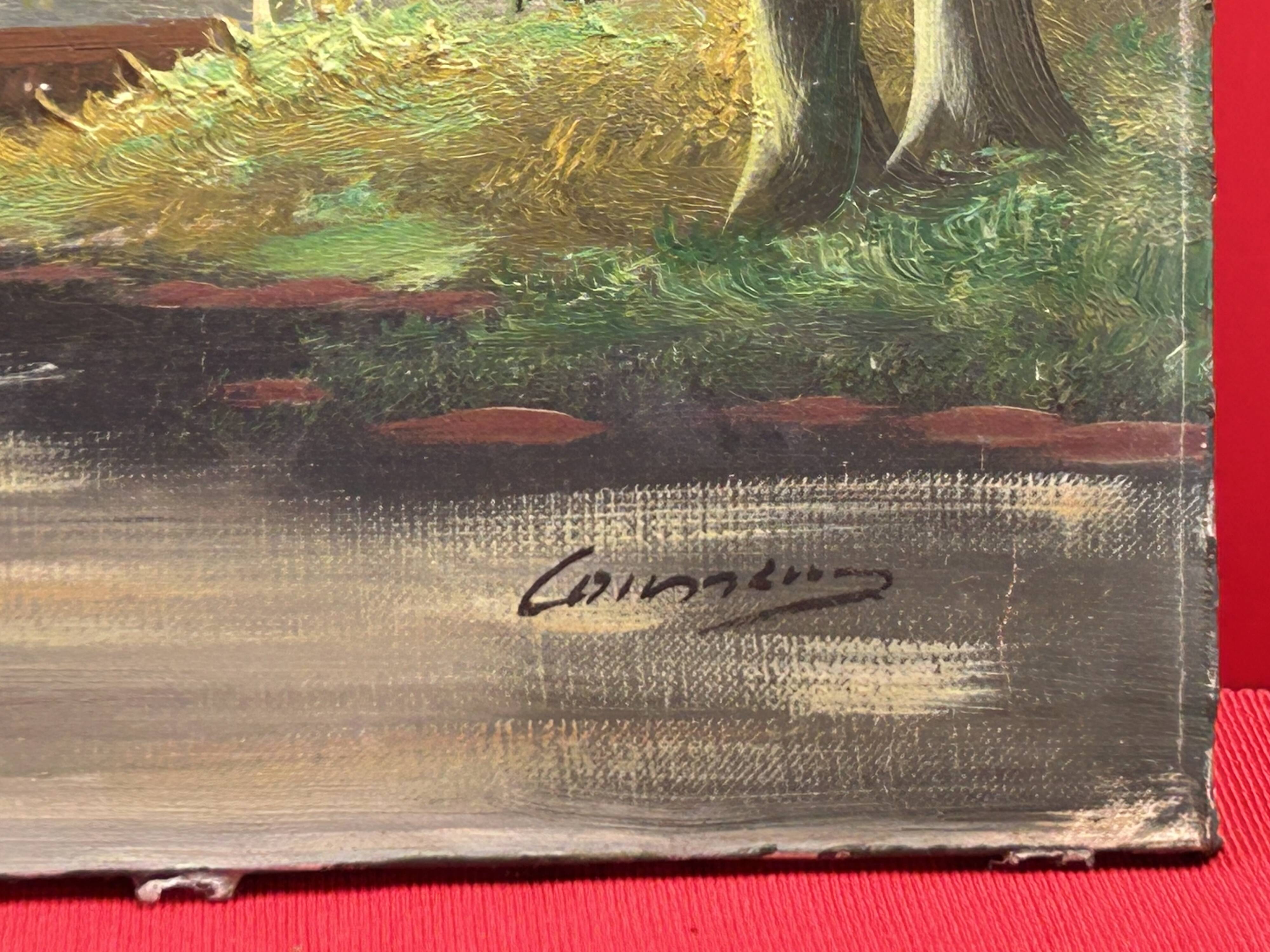 oil on canvas signature to be identified, Sawmill in the undergrowth