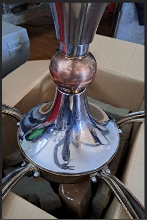 Chandelier 5 pink globes nickel, copper art deco 1950