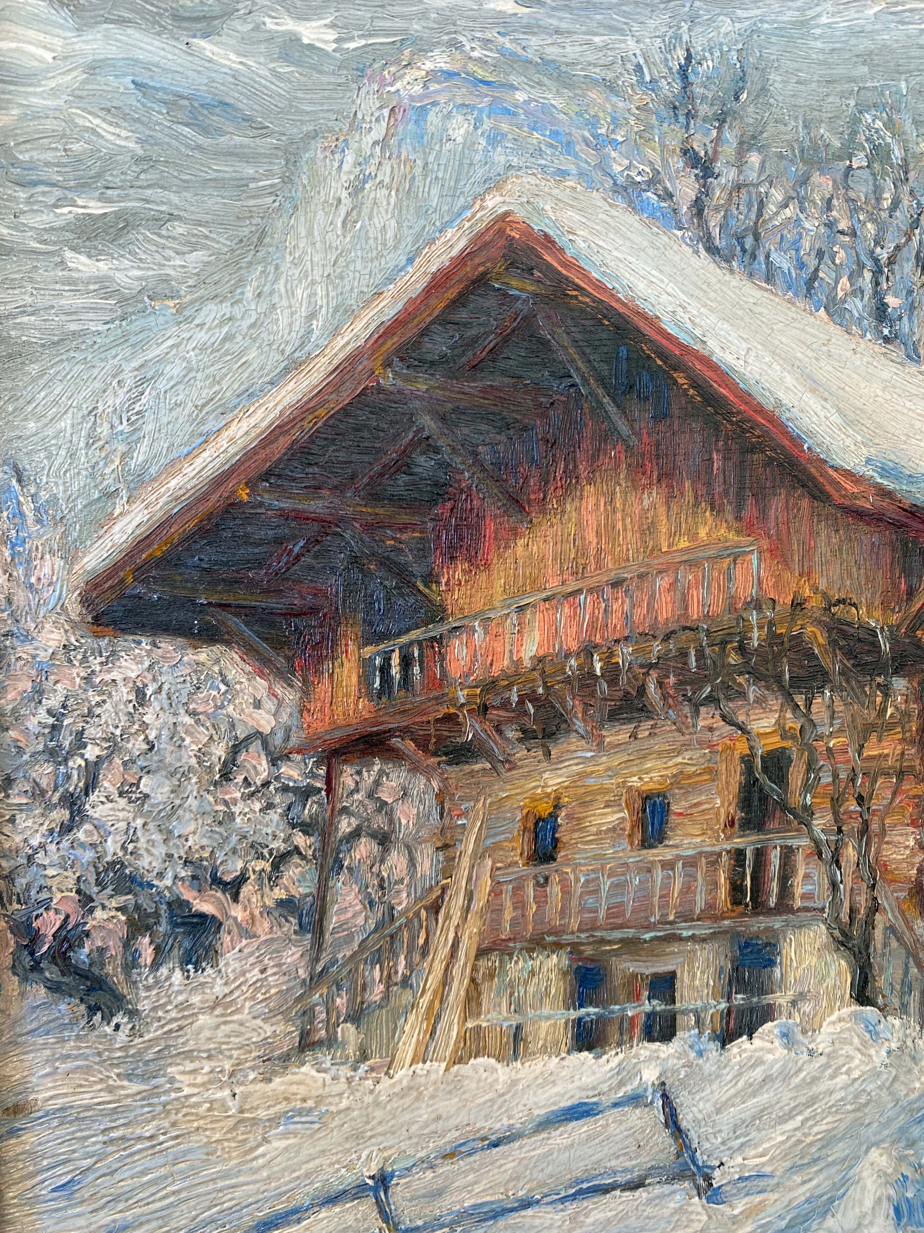 HSP painting "winter landscape - snowy chalet" signed G. Cibiale + frame