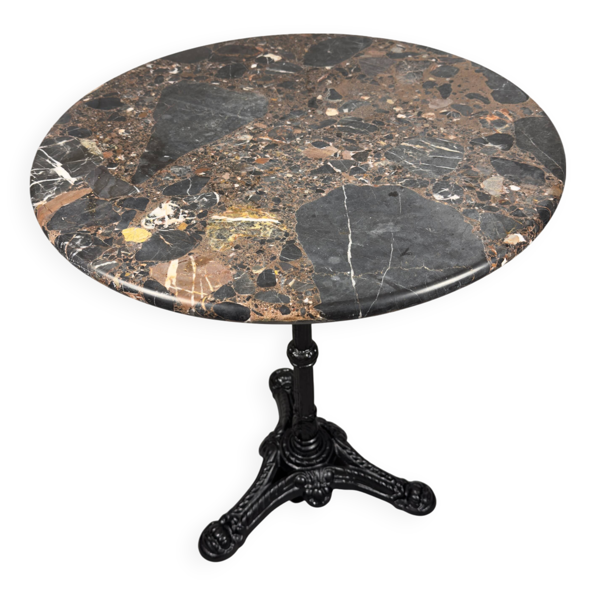Table de bistrot français vintage avec plateau rond en marbre et base en fonte