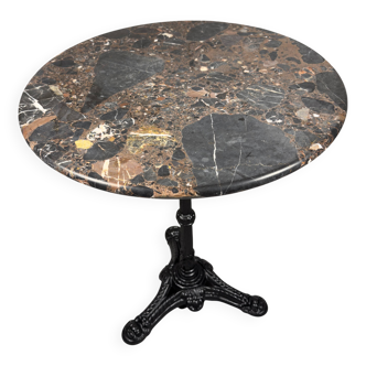 Table de bistrot français vintage avec plateau rond en marbre et base en fonte