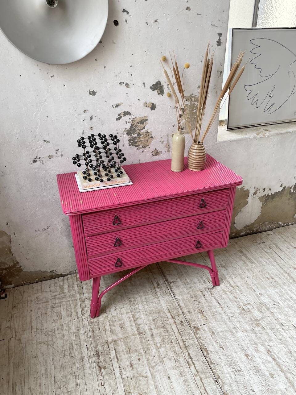 Vintage pink rattan chest of drawers