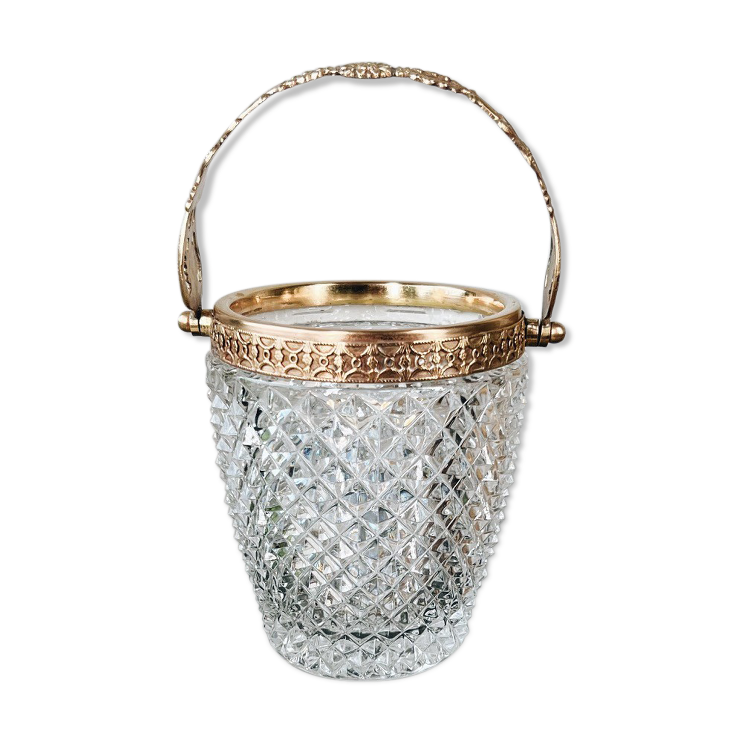 Seau à glace vintage en verre et métal doré