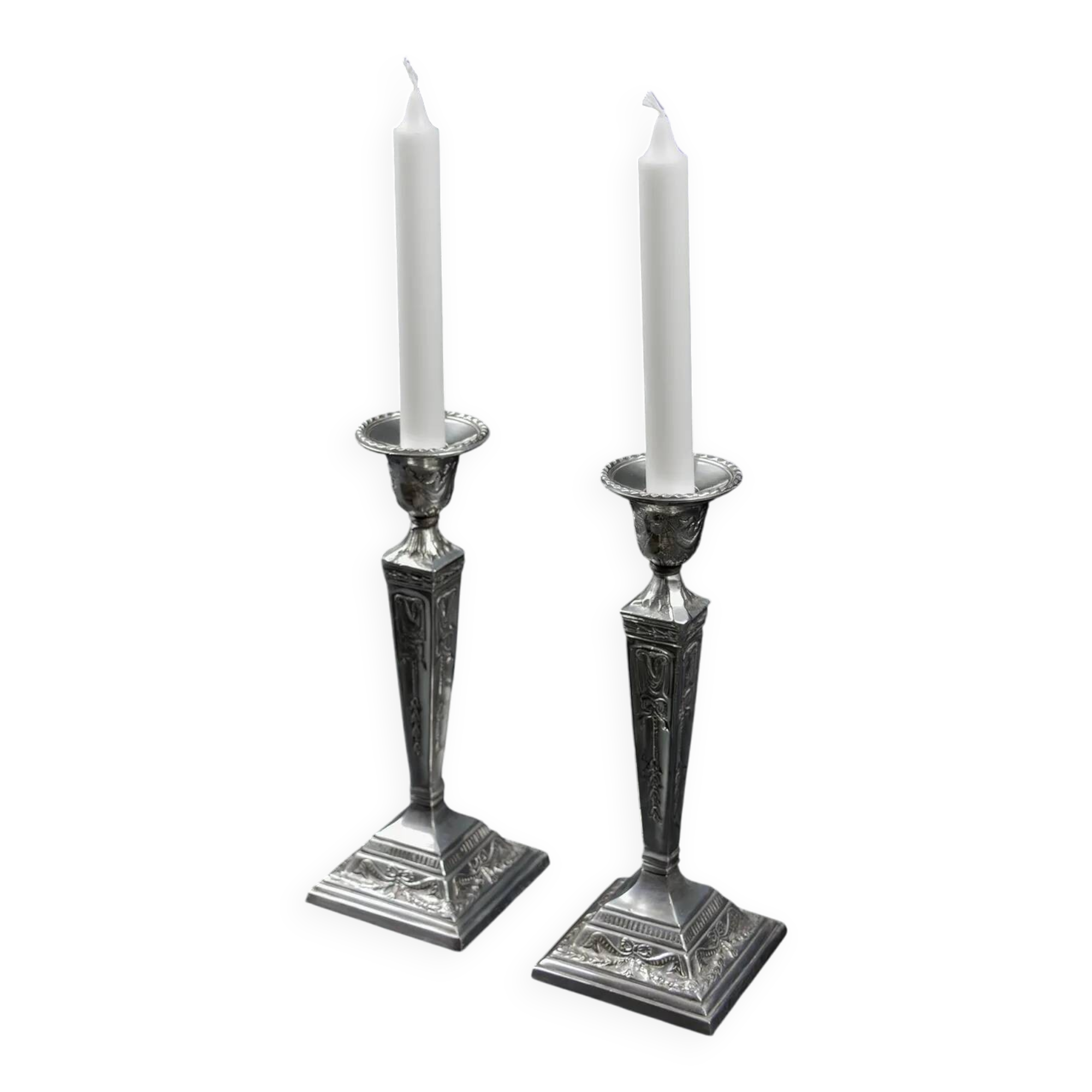 Pair of Neoclassical Victorian Silver Plated Candlesticks