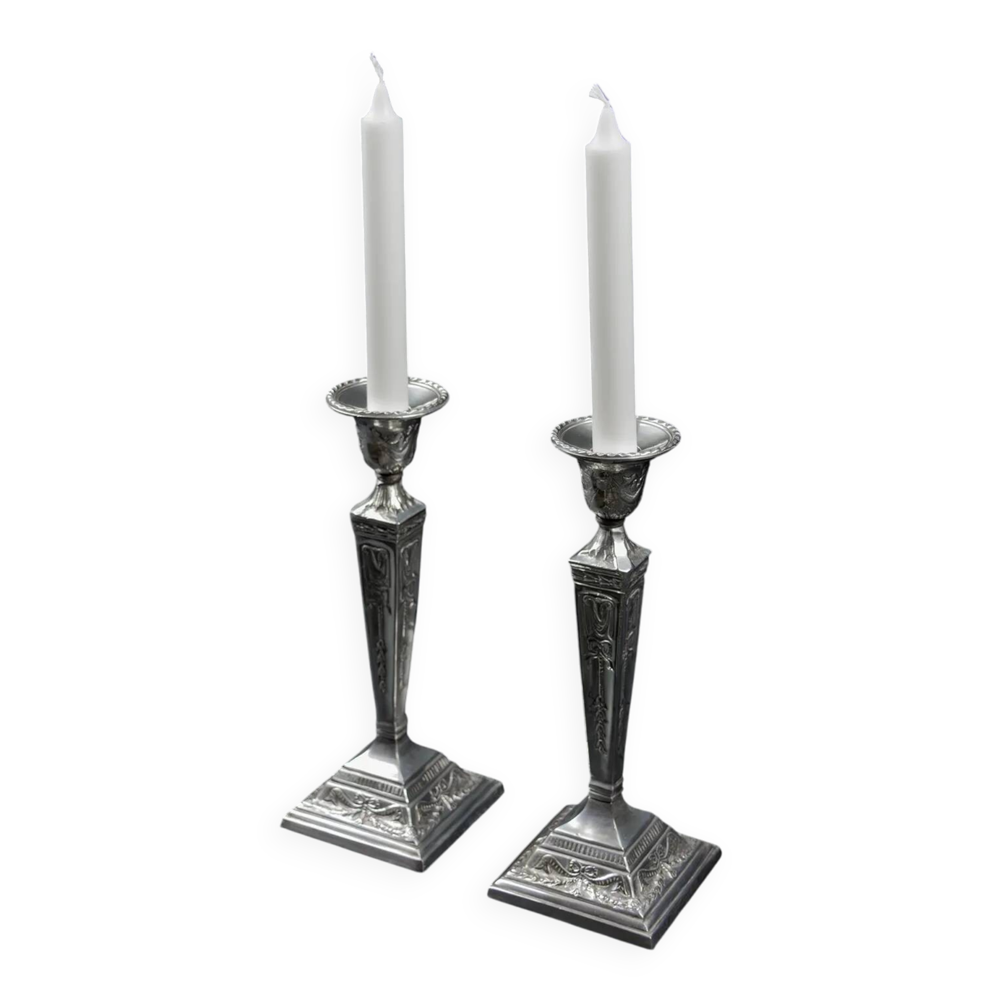 Pair of Neoclassical Victorian Silver Plated Candlesticks