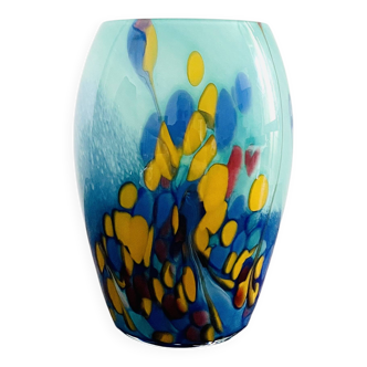 Vase Murano en verre soufflé bleu, jaune et rouge
