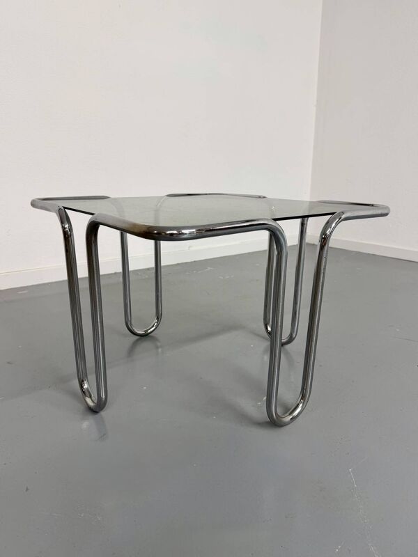 Table basse vintage en verre fumé et chrome design italien année 70