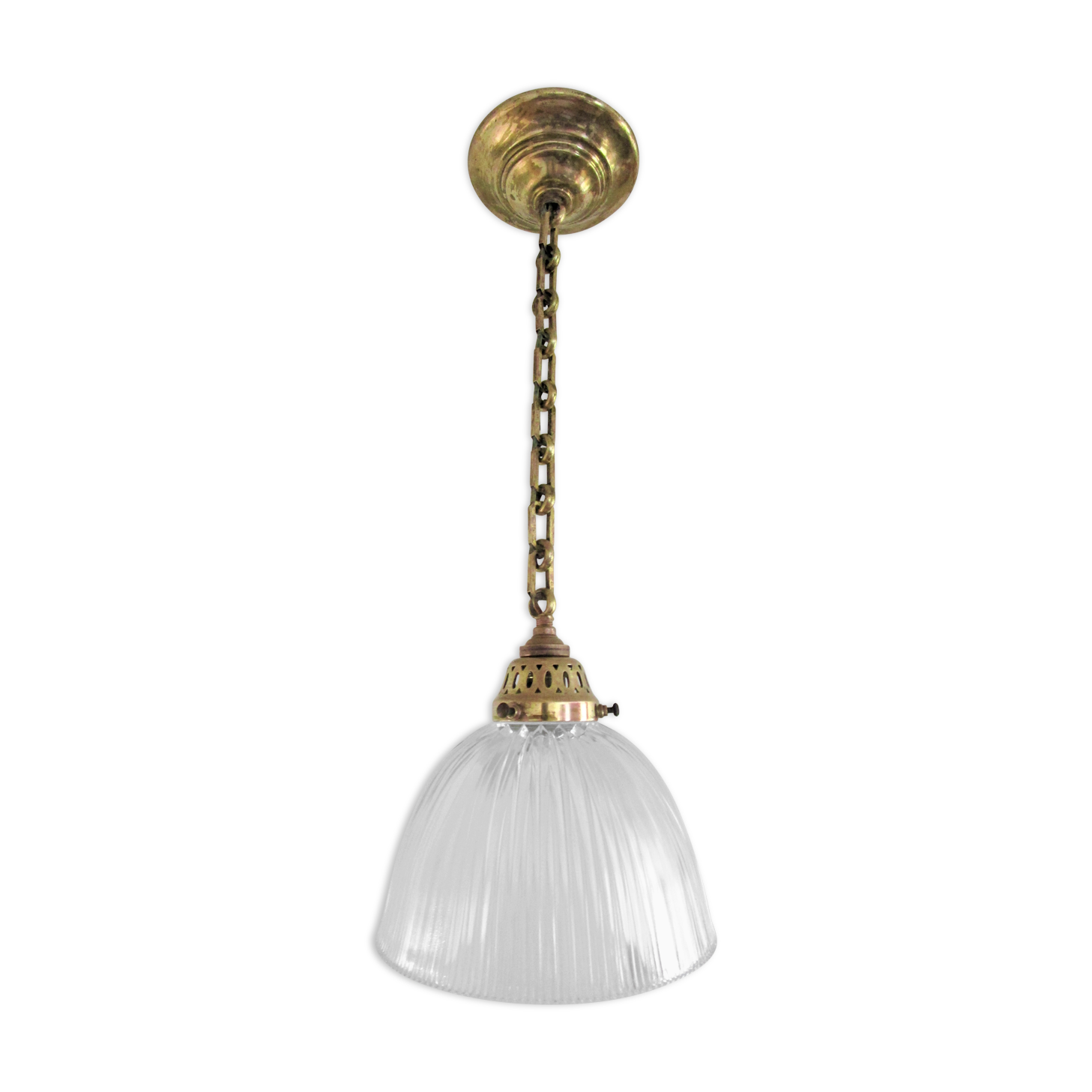 Suspension verre Holophane et laiton doré patiné vintage