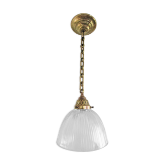 Holophane glass suspension and vintage patinated golden brass