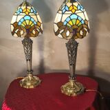 Pair of bronze and pewter lamps from 1900 to 30, glass paste lampshade 44x15