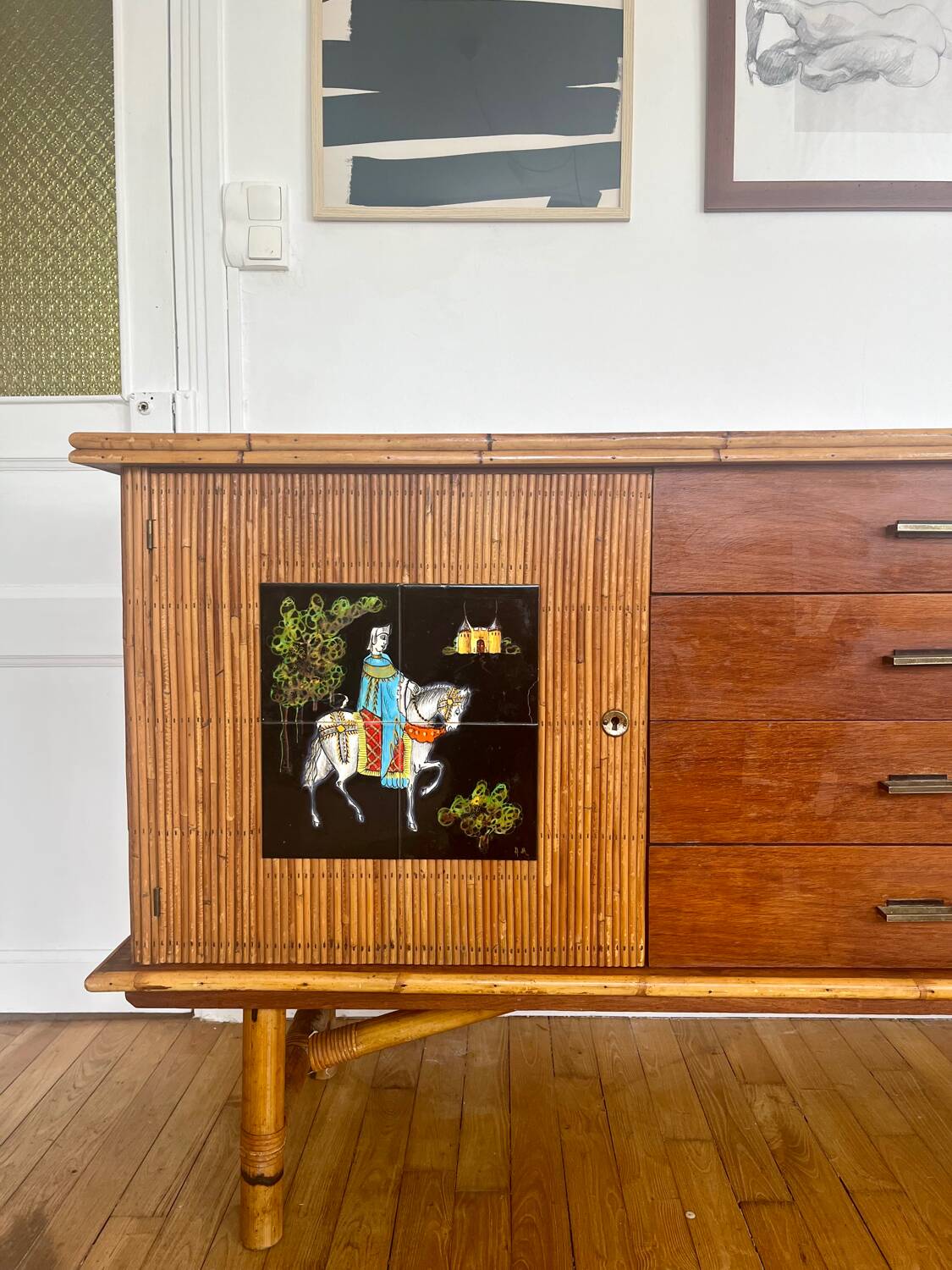 Enfilade en rotin Audoux et Minnet années 50