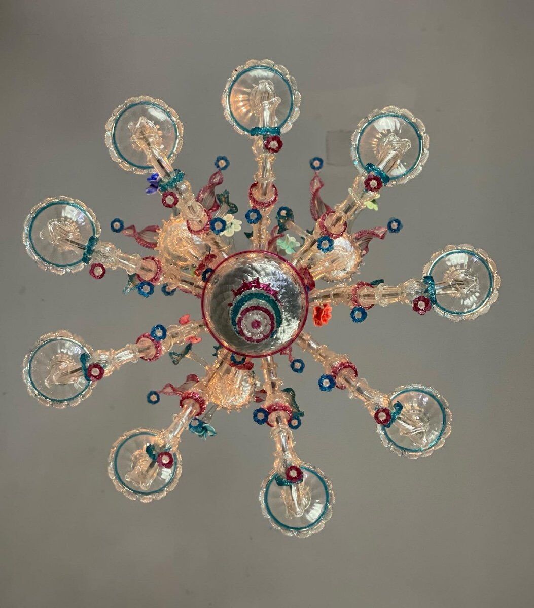 Venetian chandelier Rezzonico in Murano glass, 9 arms of light circa 1920